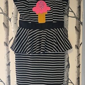 Chic Strapless Black and White Striped Dress with Pink Accent